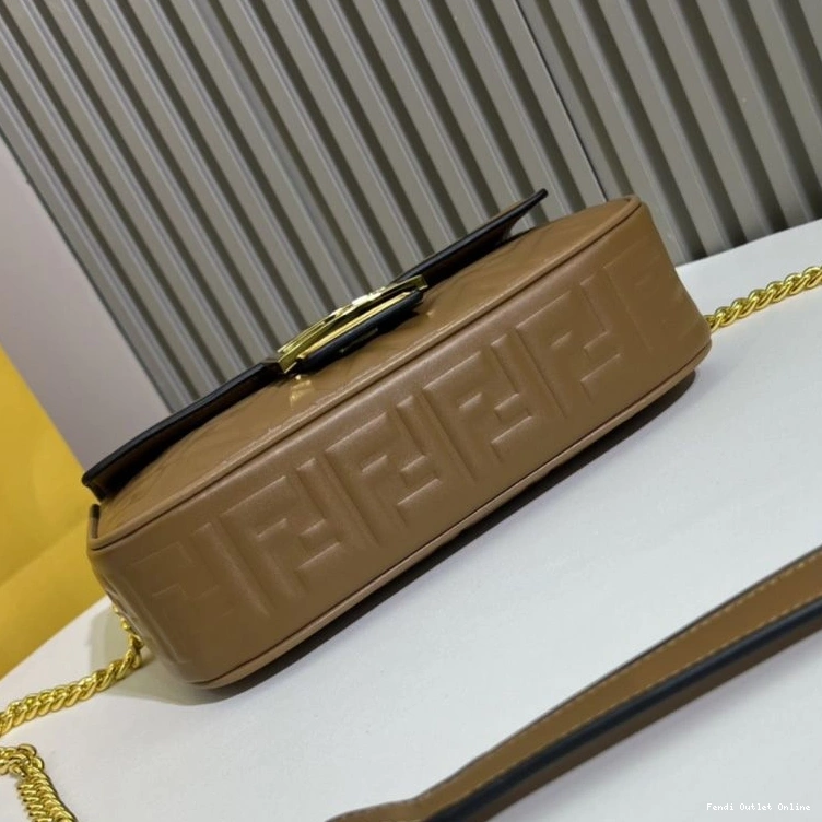 Affordable In Chain Brown Leather Nappa Baguette Fendi Midi FF Bag Motif 0825